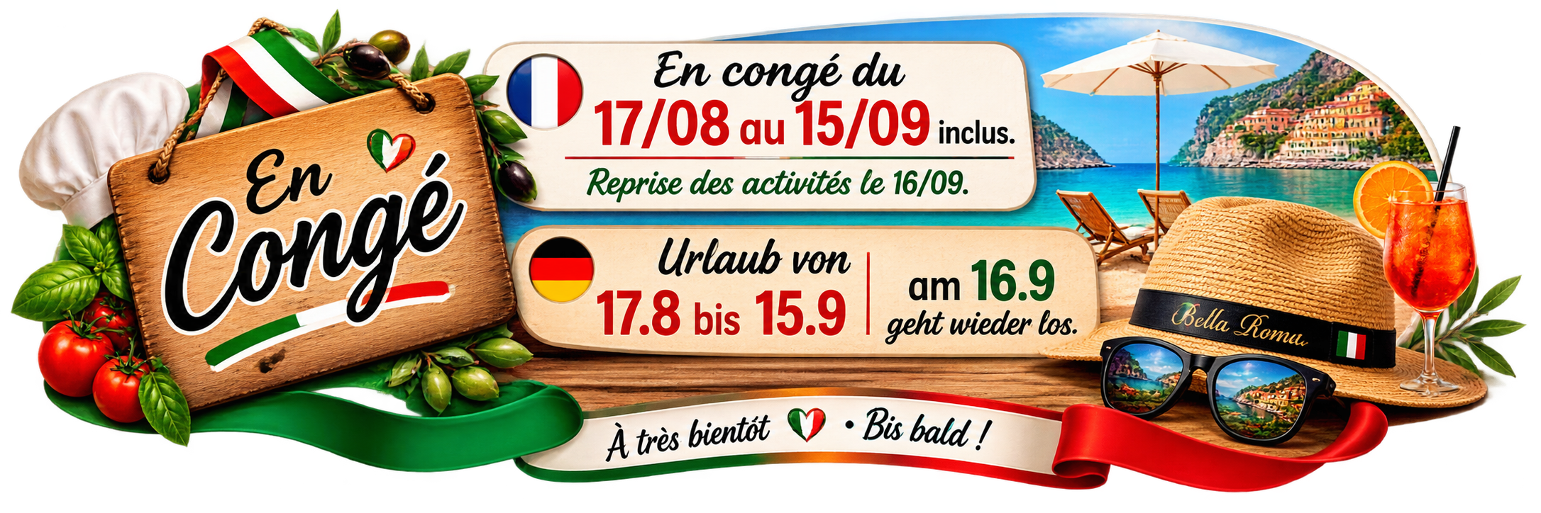 Fermeture pour congés du 17 août au 15 septembre inclus - reprise le 16 septembre